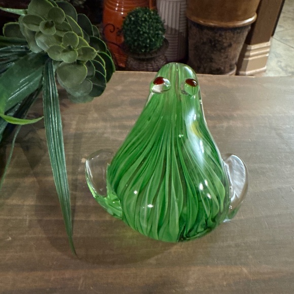 Frog Art Glass Paperweight Clear Green Red Eyes 4.5" Amphibian Toad Murano Style - Picture 2 of 7